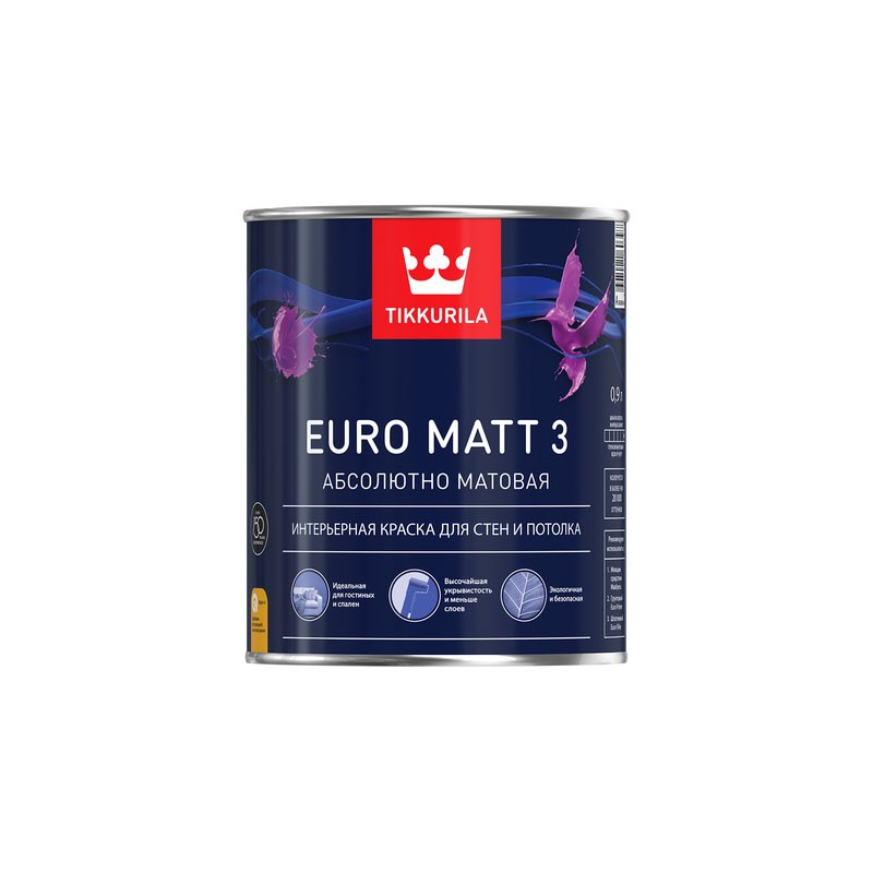 Краска ВД TIKKURILA EURO MATT 3 основа A глубоко матовая 0,9 л